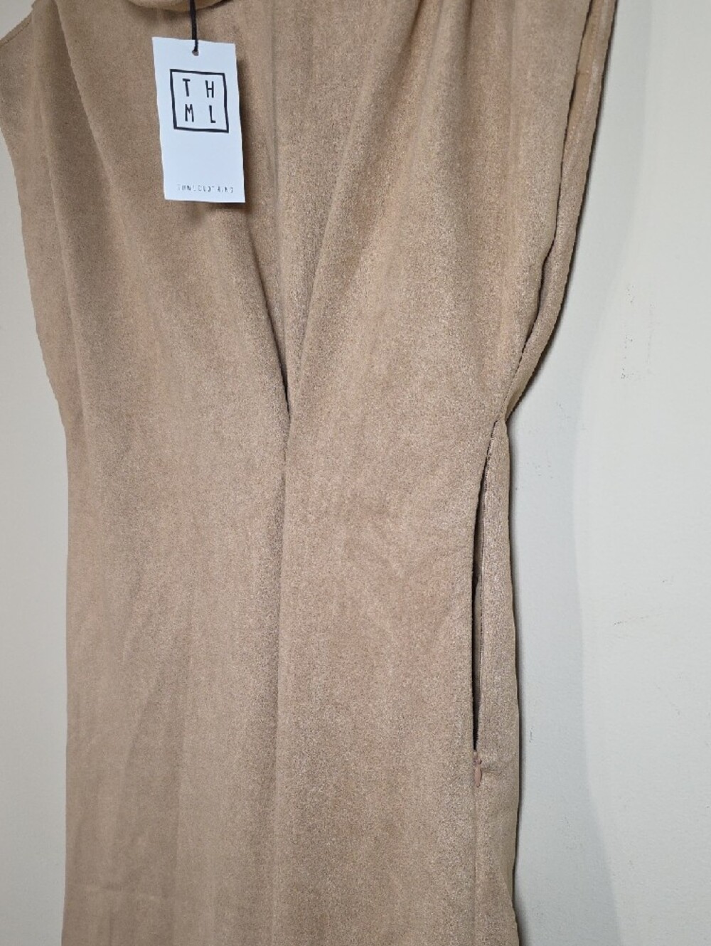 THML NWT Faux Suede Sleeveless Mini Dress in Beige | Cowl Neck - Picture 6 of 8